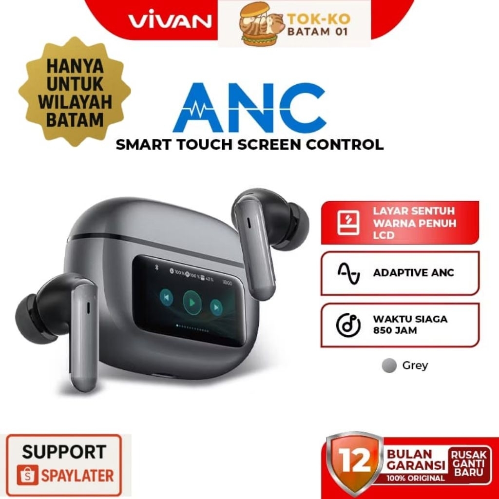 VIVAN SMART T7 WITH LCD SMART TOUCHSCREEN CONTROL ANC TWS , 4 MIC ENC GARANSI - BATAM