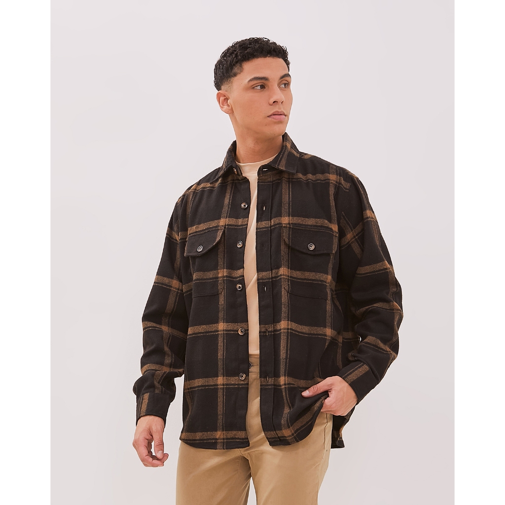 KENT&CREW Kemeja Jacket Flanel Coklat Oversize Pria - C-DGBG03-X9