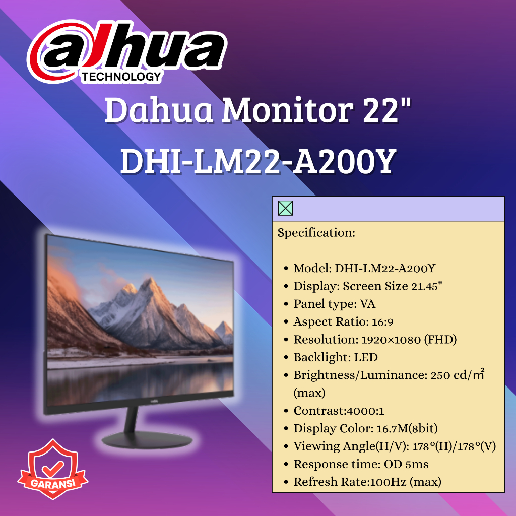 DAHUA DHI-LM22-A200Y MONITOR 22" FHD 100Hz VGA HDMI