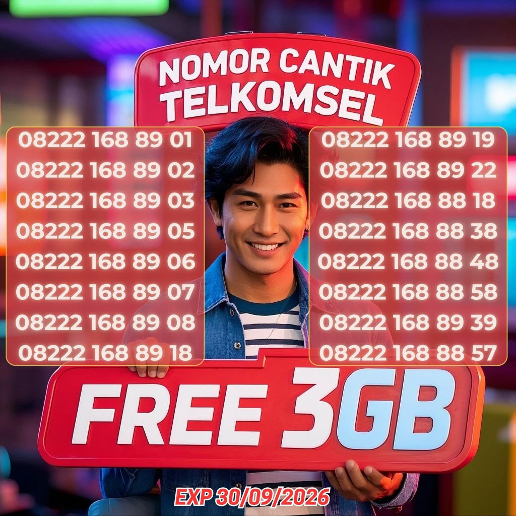 Nomor Cantik Telkomsel Seri 08222 168 89 XX Bonus 3GB Harga mulai 44ribu