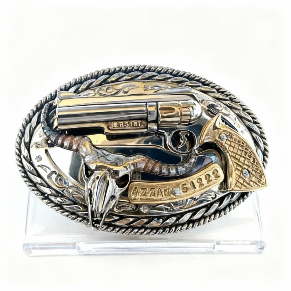 kepala ikat pinggang stainless motif tengkorak kerbau pistol