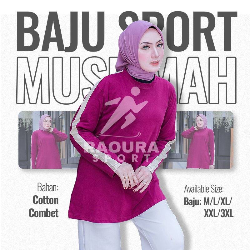 RAOURA SPORT Atasan Kaos Oversize Wanita Lengan Panjang Lengan Garis Bahan Katun Combed Premium