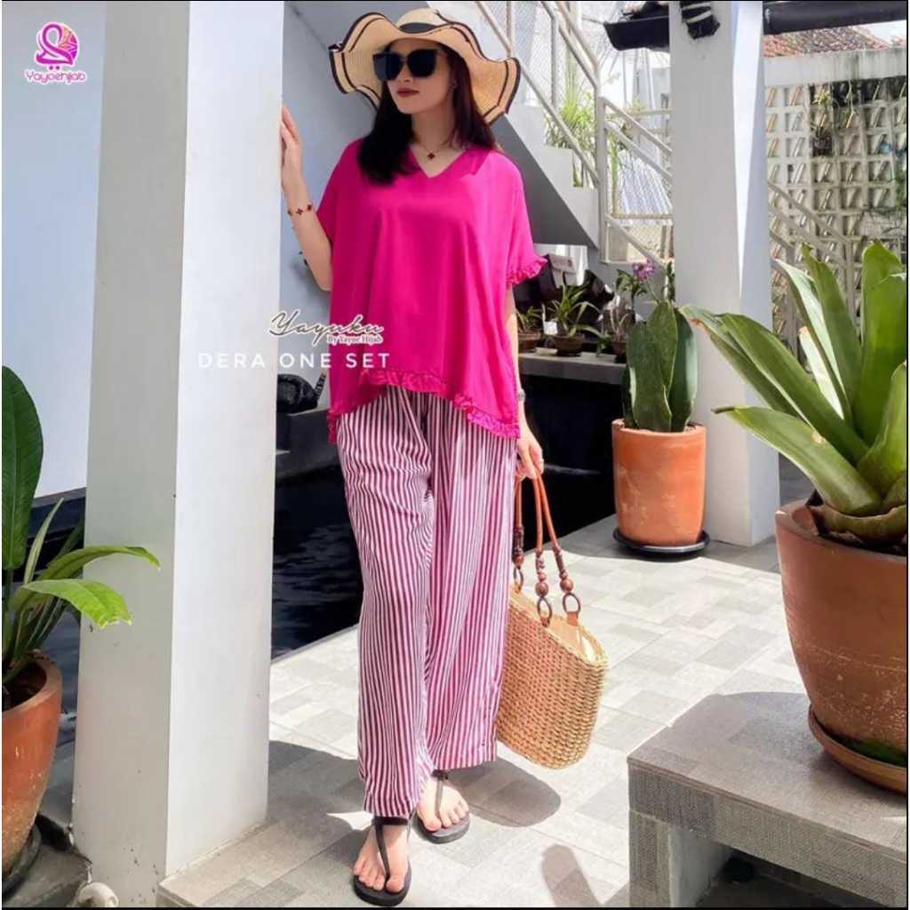 Dera One Set Pajamas Katun Rayon Motif Polos Salur Setelan Wanita Kekinian Ada Ukuran Jumbo