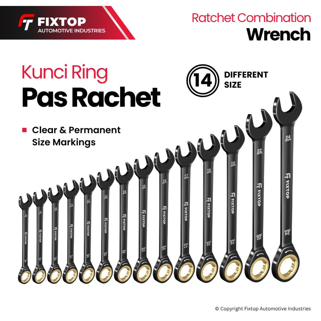 FIXTOP Kunci Ring Pas Rachet Kombinasi 8mm - 24mm 72Gigi Ratchet Combination Wrench