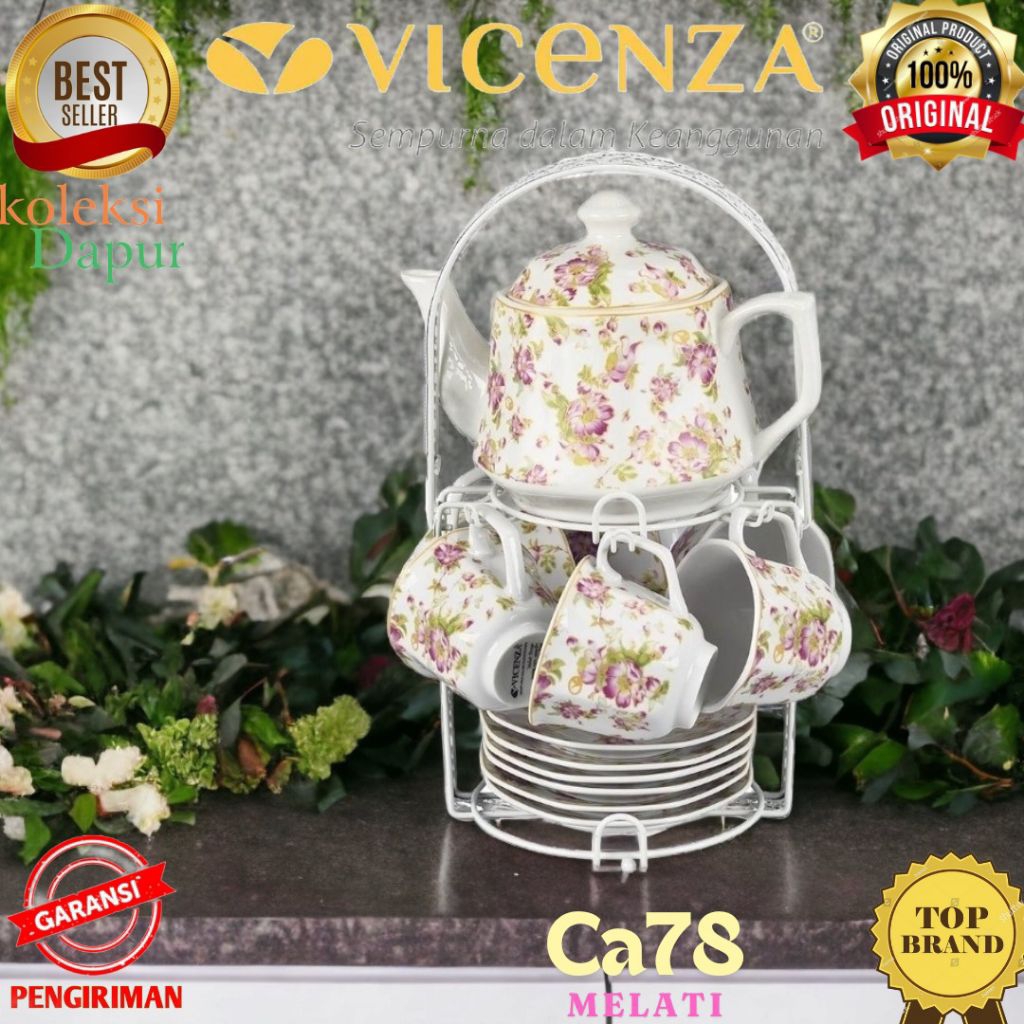 Perlengkapan Minum Teh VICENZA Ca78 tea set MELATI dengan 6 pcs Cangkir Melati, 1 Teko Vicenza serta