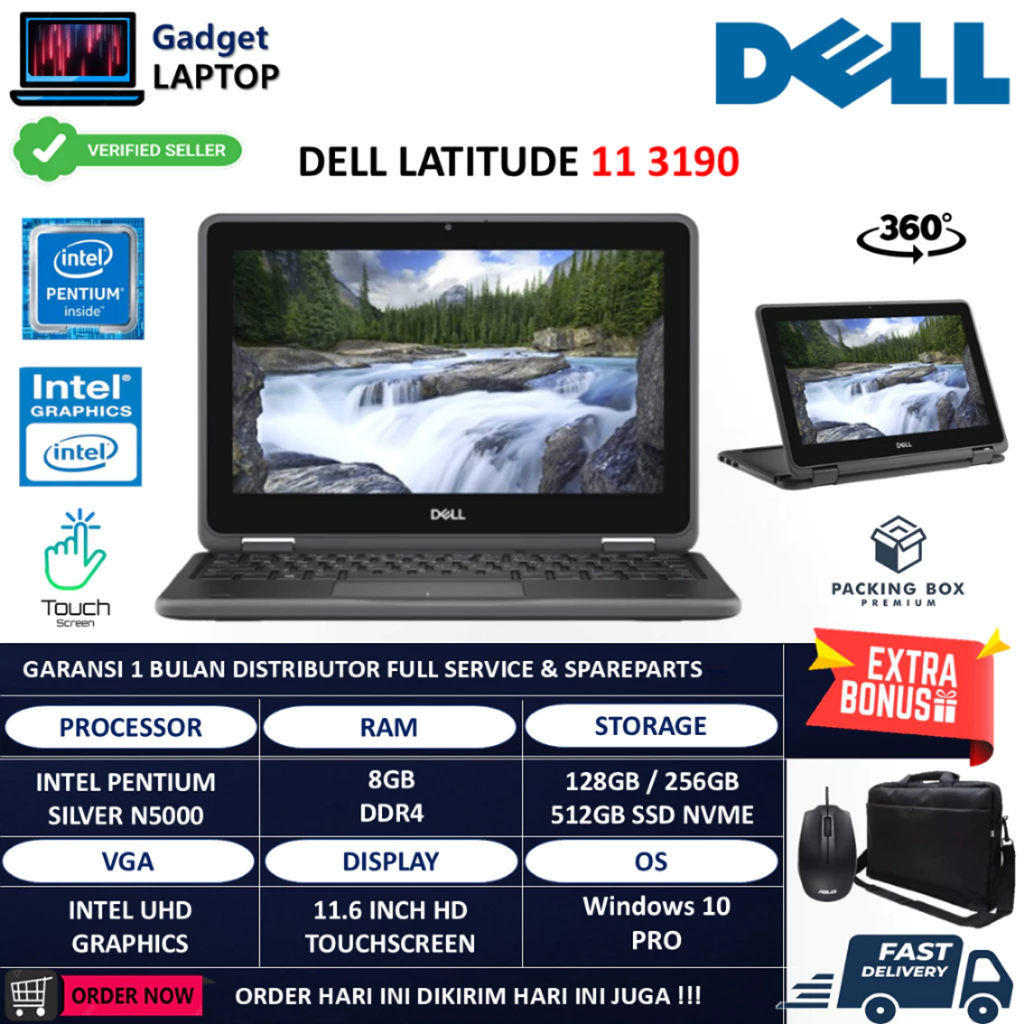 Laptop 2in1 Dell Latitude 11 3190 Intel Pentium Silver N5000 8GB 512GB 11.6 Inch Touchscreen