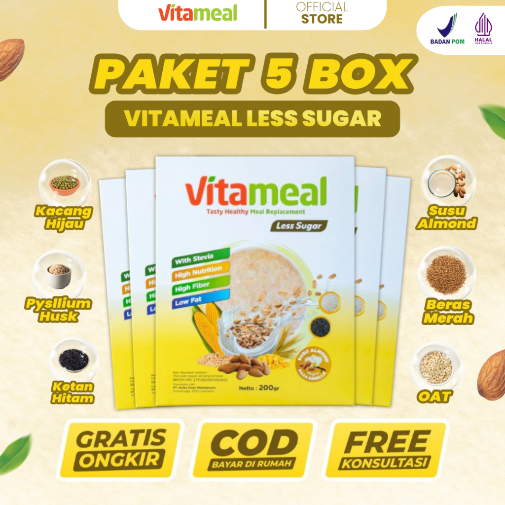 

PAKET 5 BOX Vitameal Less Sugar Rendah Gula Jaga Kesehatan Jantung Atasi Hipertensi Kolesterol VITAMIEAL SUPERFOOD
