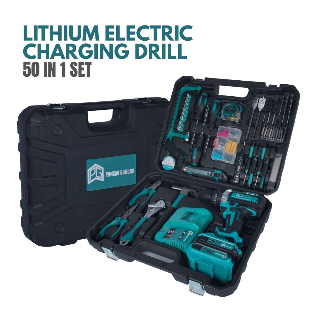 NEW!! Mesin Bor 2 Baterai Set 50Pcs in 1 Lengkap Toolkit Perkakas Tangan Cordless Drill Impact G11B2