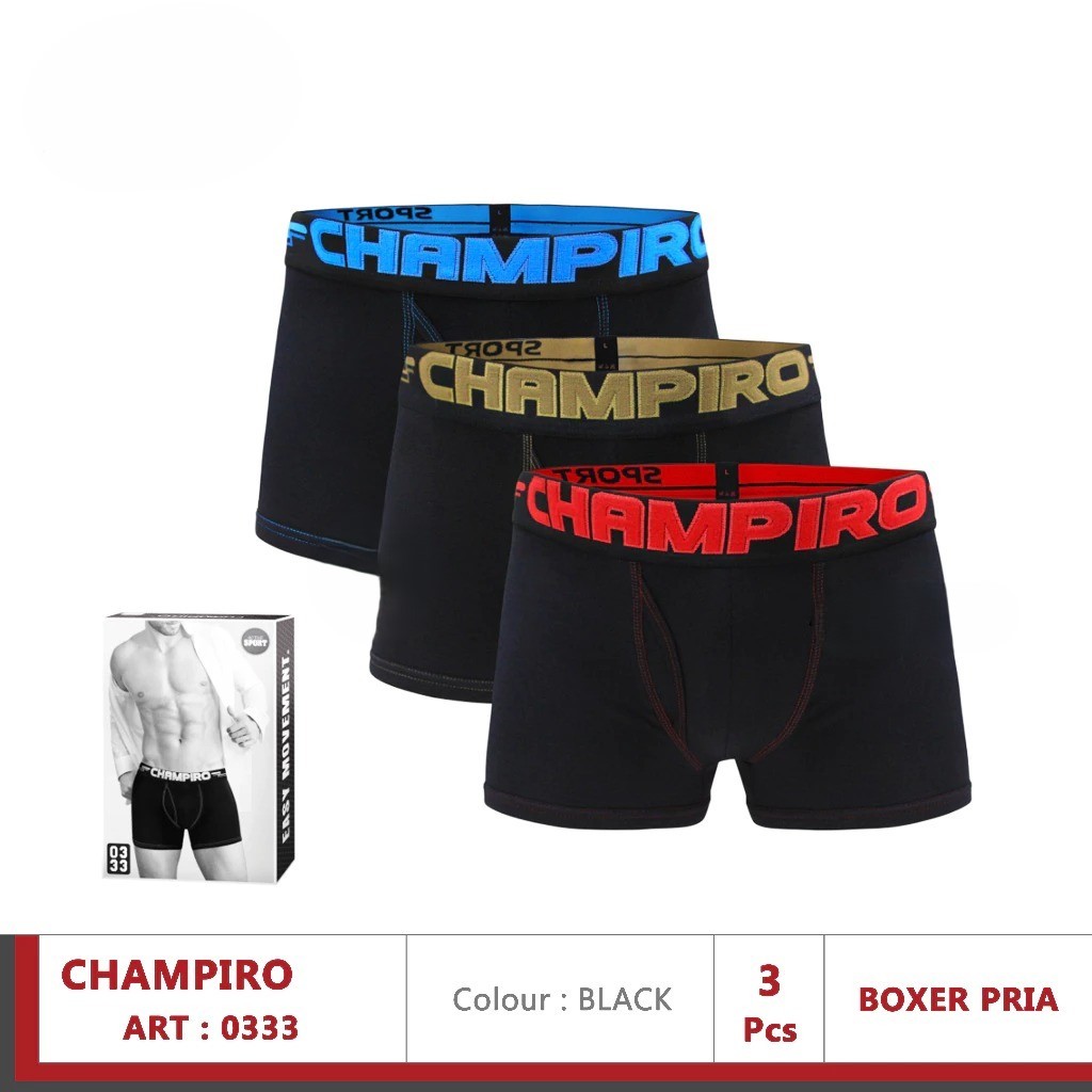 3 Pcs - Boxer Pria Dewasa Champiro 0333 Black Boxer, CD Laki-laki Sport Premium