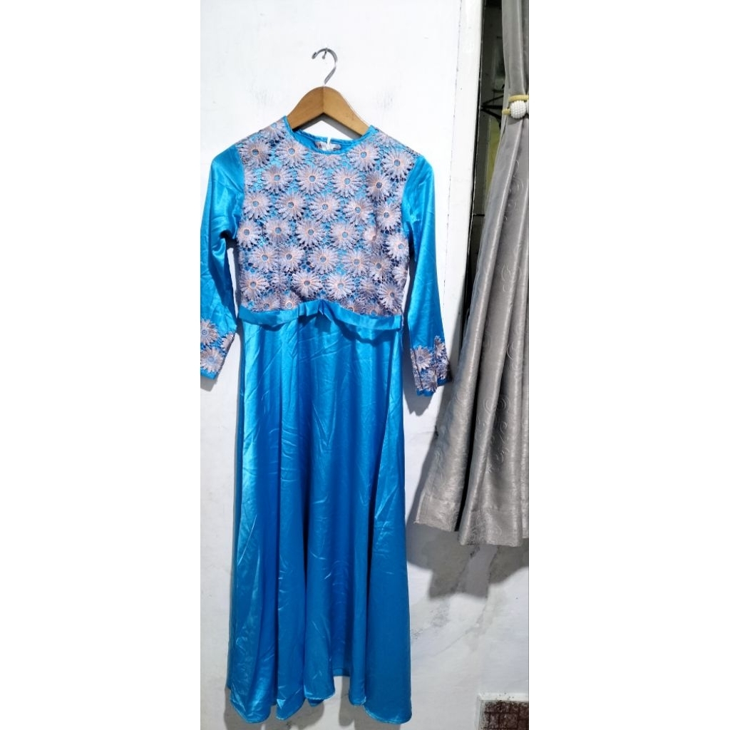 Long Dress Gamis Satin Wanita Kombinasi Brukat Cantik Size Kecil