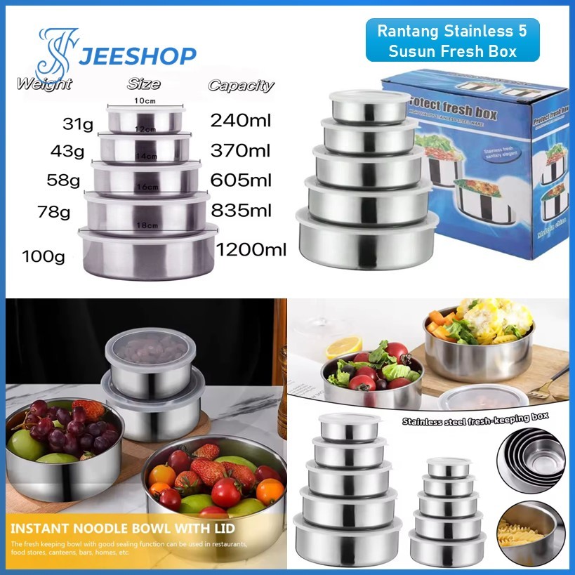 Fresh Box 5 Susun Stainless Steel Polos Dengan Tutup Box Rantang Stainless Steel