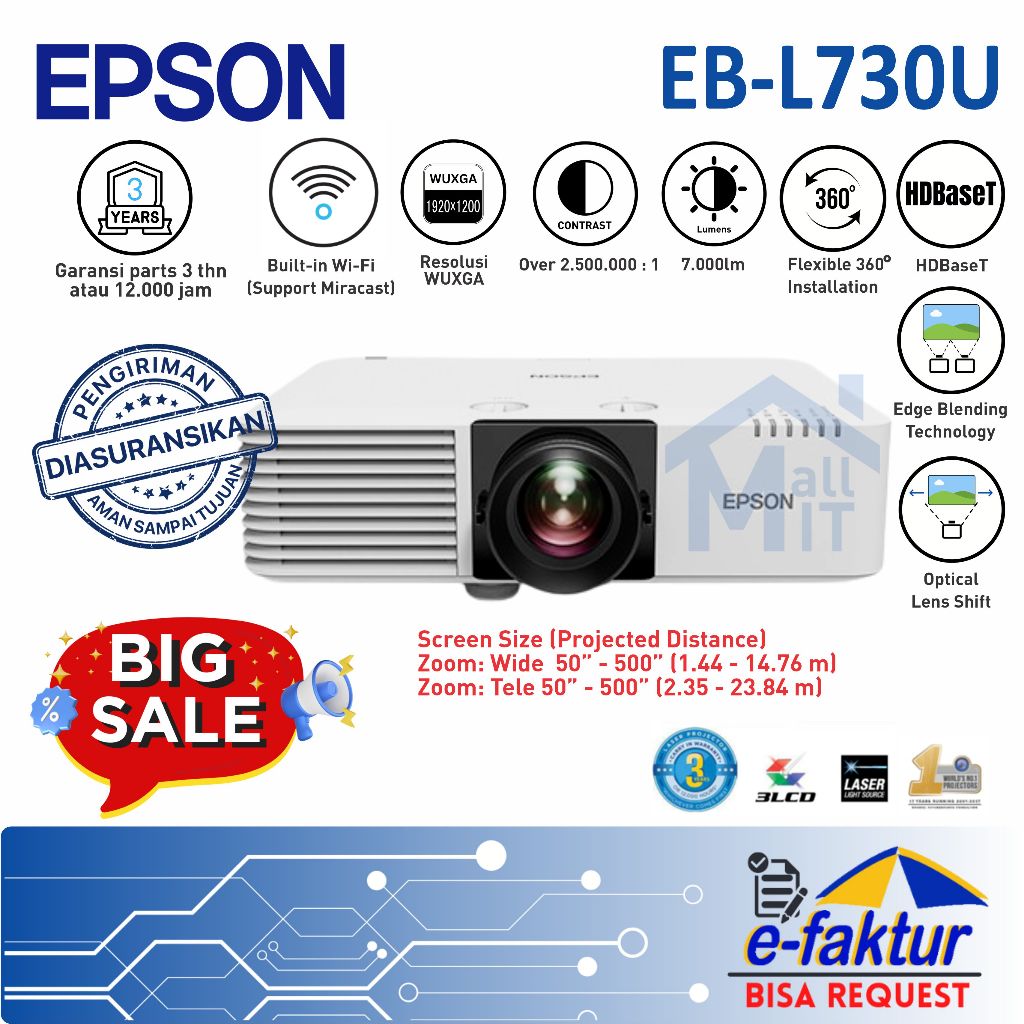 MALLIT EPSON Proyektor Laser EPSON EB-L730U EBL730U EB L730U WIFI WUXGA 7000 Lumens