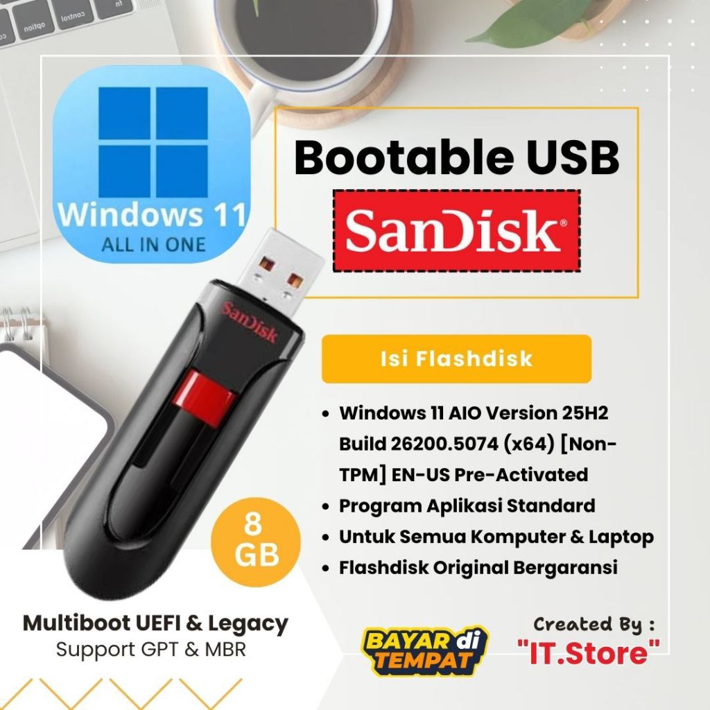 Flash Disk 8GB Windows 11 AIO Version 25H2 Build 26200.5074 (x64) [Non-TPM] EN-US Pre-Activated