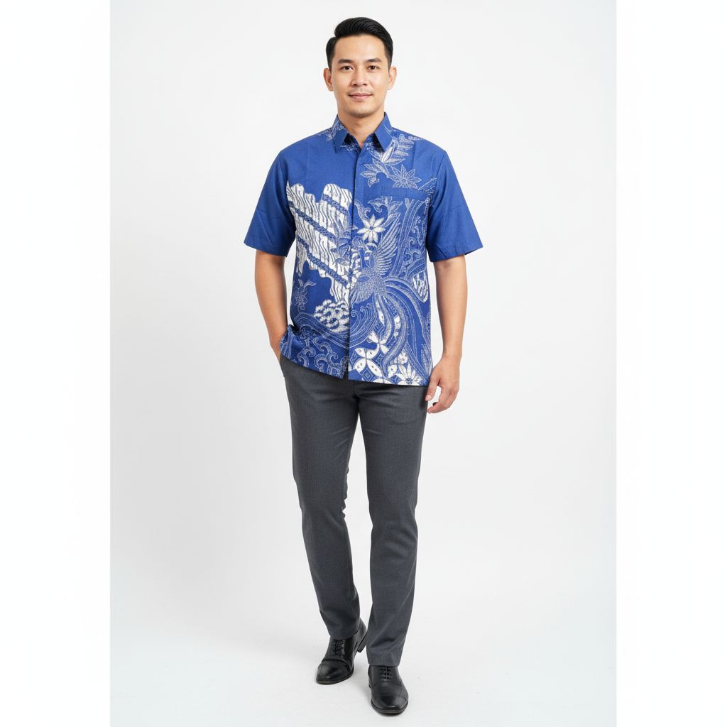 Batik Pria Lengan Pendek Biru BCA - Baju Seragam Cowok Modern Kantor Dan Pesta Pernikahan