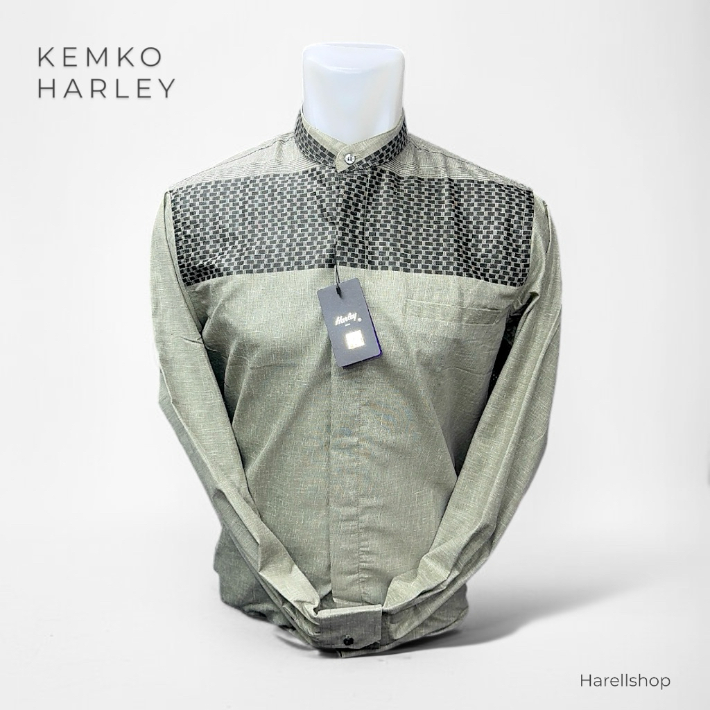 Kemko Koko HARLEY 2025 – Hijau Army Pucat Motif Kotak Hitam – Tangan Panjang – Katun Premium