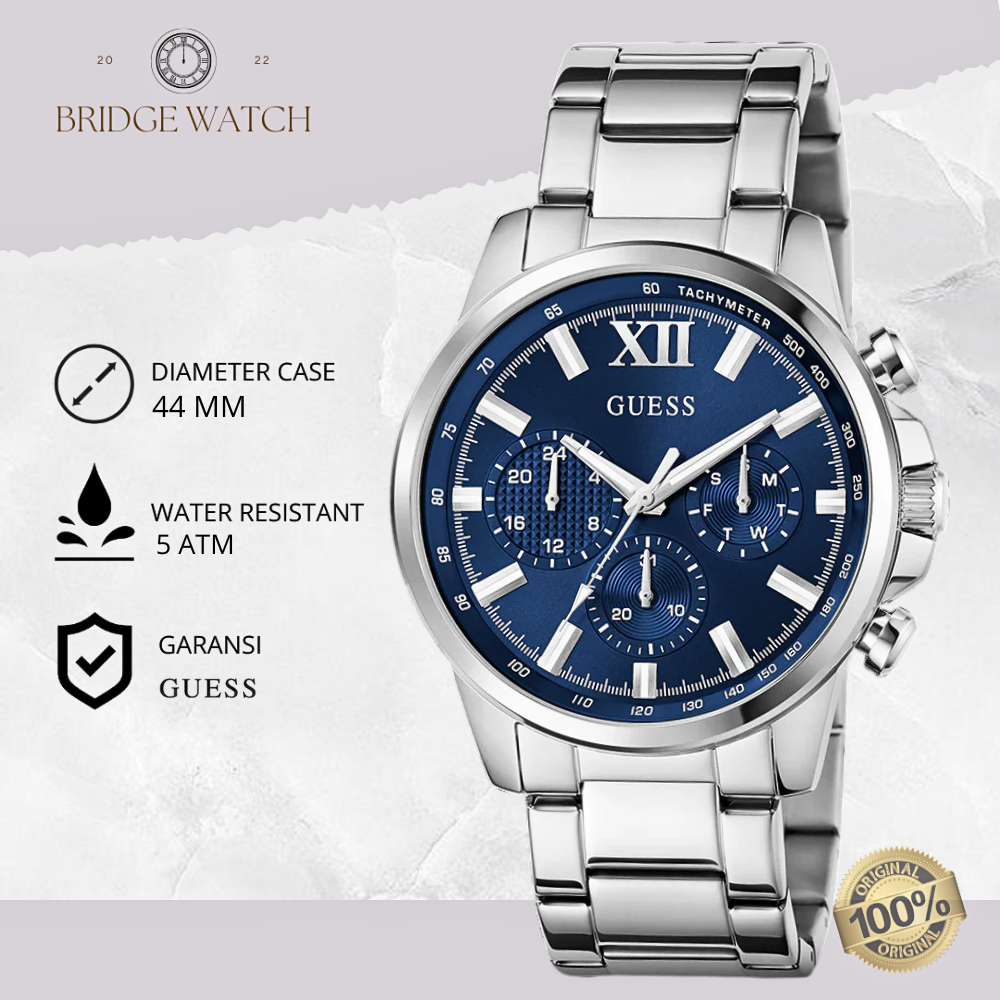 Jam Tangan Pria Guess GW0900G4 Chronograph Blue Dial Case Silver Stainless Steel Strap Rantai Mewah 