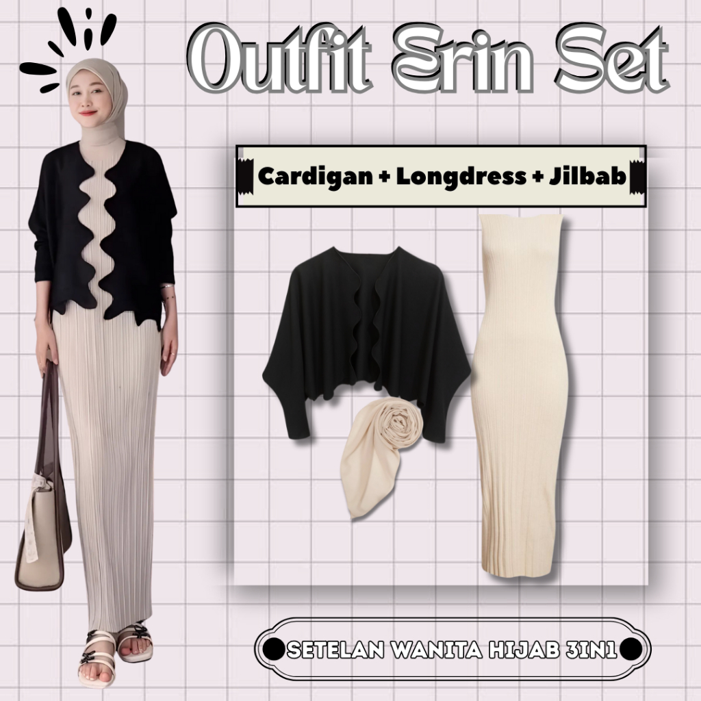 Erin Set Outfit Hijab Wanita Modern ( Cardigan Crop + Longdress + Hijab ) Setelan Hangout Kekinian