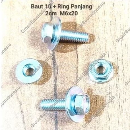 (10baut/10set+mur) Set Baut 10 Panjang 2cm + Ring M6x20 + Mur Flange m6 Kunci 10 Putih