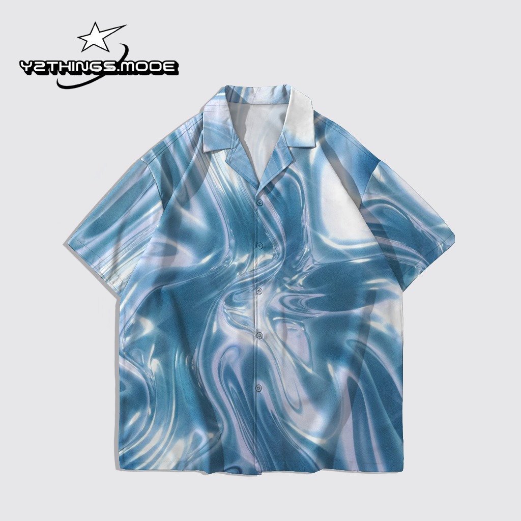 Y2THINGS Kemeja Lengan Pendek Motif Abstrak Wavy Biru – Shirt Aesthetic Psychedelic Kekinian Unisex 