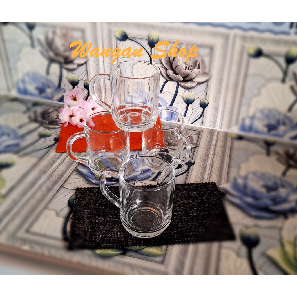 Gelas Kopi kaca Gagang Pendek Bening Polos per 6pcs