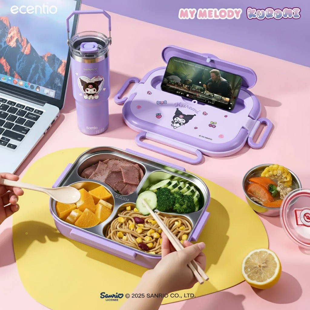 [2pcs Kuromi Set] Ecentio lunch box 304 stainless 900ml tumbler /Kotak Makan 4 Sekat Tahan Panas Dan