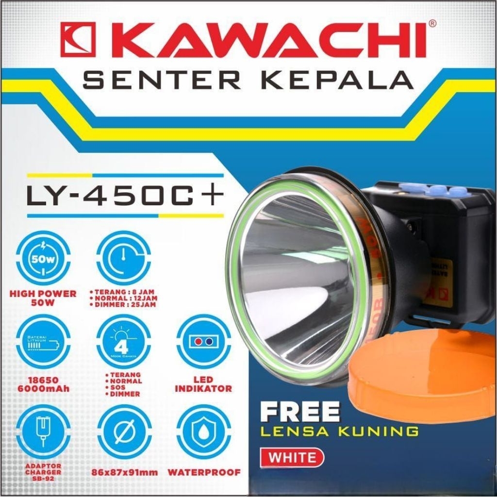 Senter Kepala Kawachi 45Watt / Led Super Terang Ly 450 C+ Free Lensa Kuning / Dual Warna Putih atau 