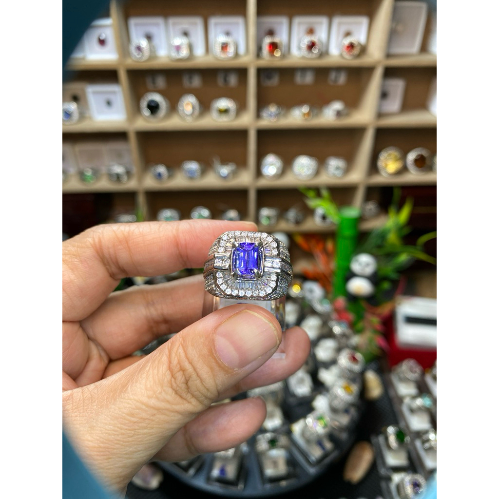 batu permata Tanzanite cincin perak cowok natural