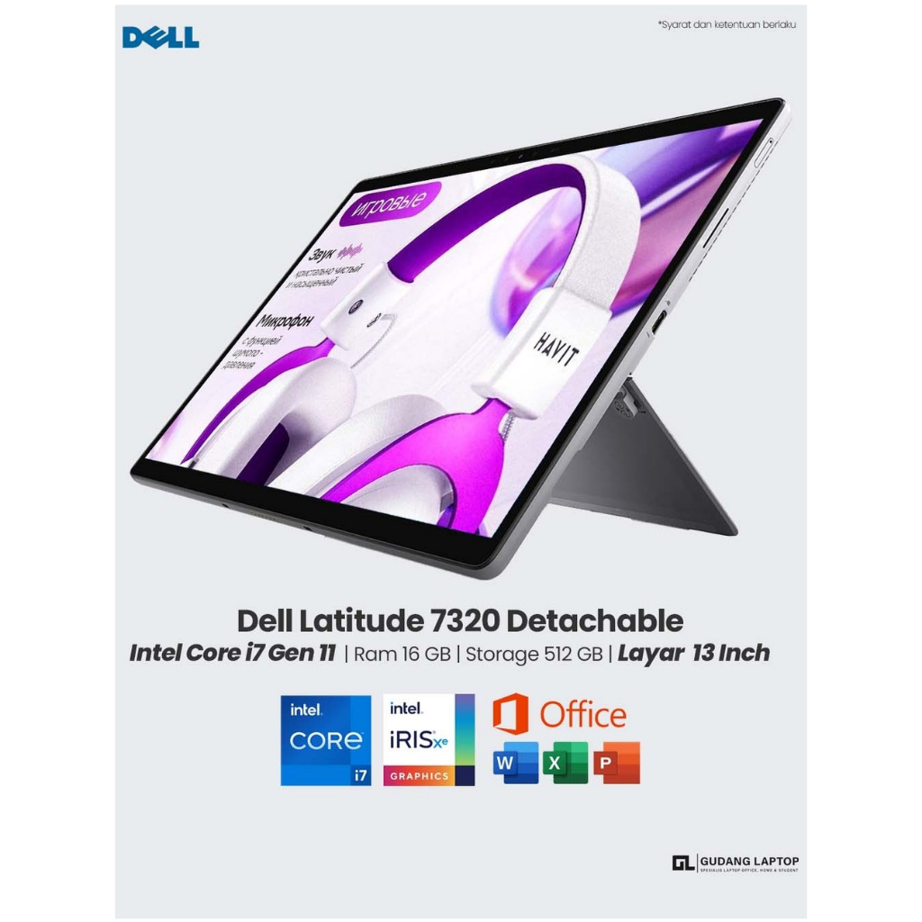 Laptop Dell Latitude 7320 Detachable Core i7 Gen 11 ram 16 GB SSD 512 GB Layar 13 inch Touchscreen