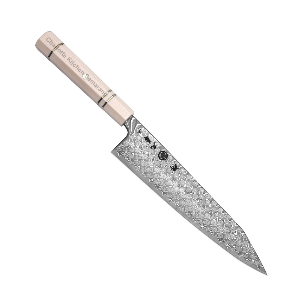Chef's Knife Kitchen Pisau Koki Dapur Bahan Baja Damascus With Pattern Handle Imitation Ivory Resin 