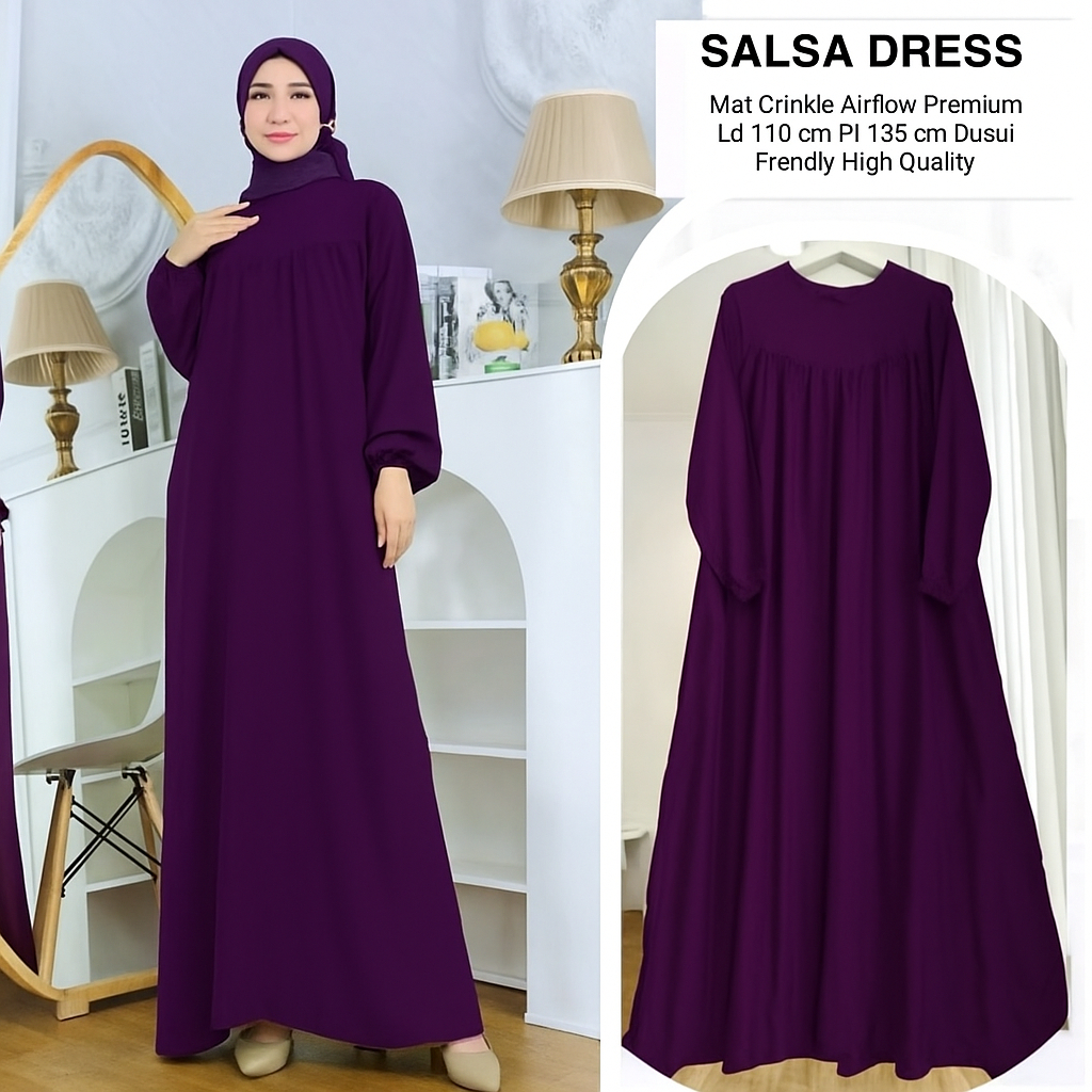 (COD) Gamis Crinkle Lebar Mayung Warna Burgundy Bahan Jatuh / Gamis Crinkle LD 120 Jumbo Terbaru