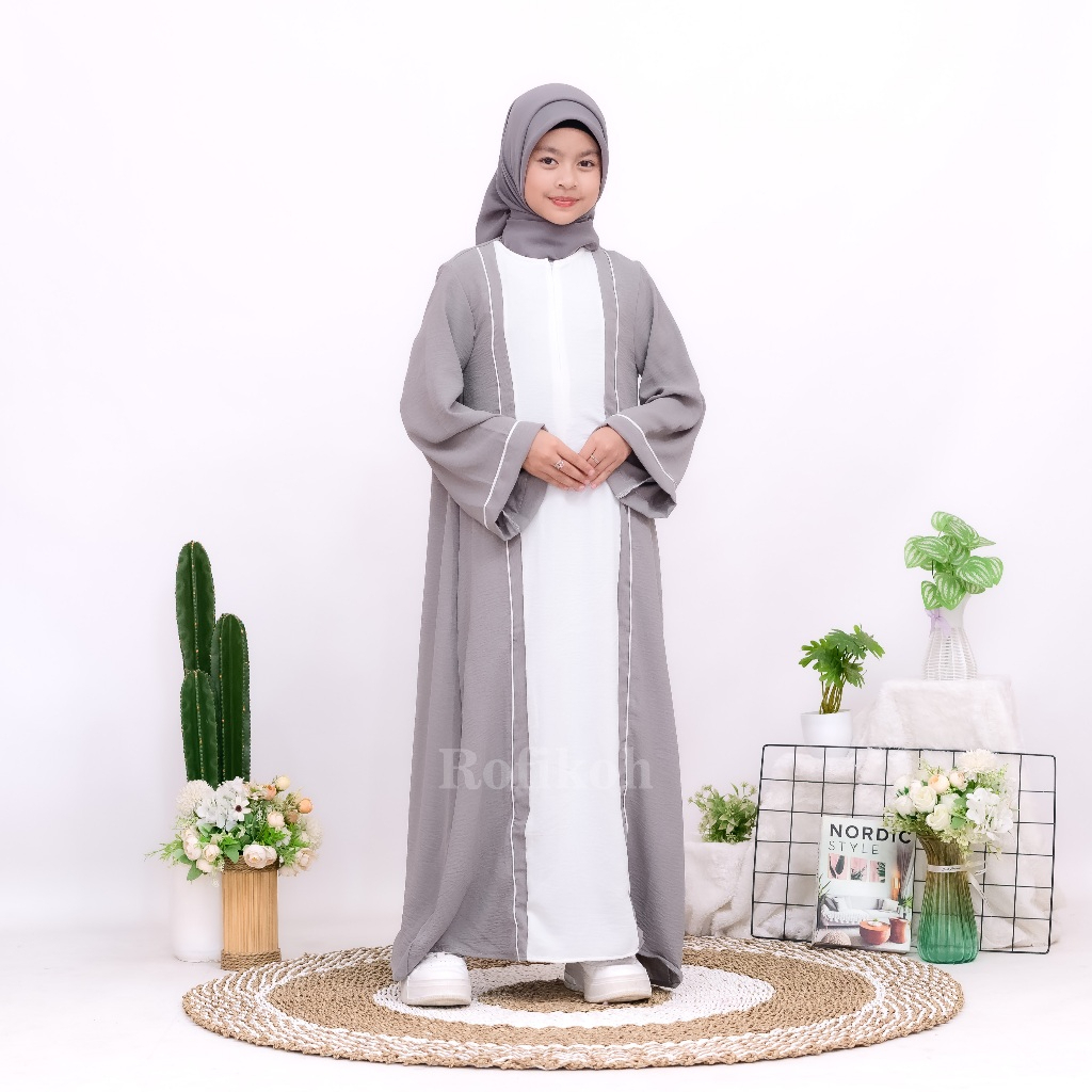 Gamis Muslim Abu-abu Lengan Panjang Luna Abaya | Gamis Two Tone Dua Warna Turkey Maxi Dress Arab Sau