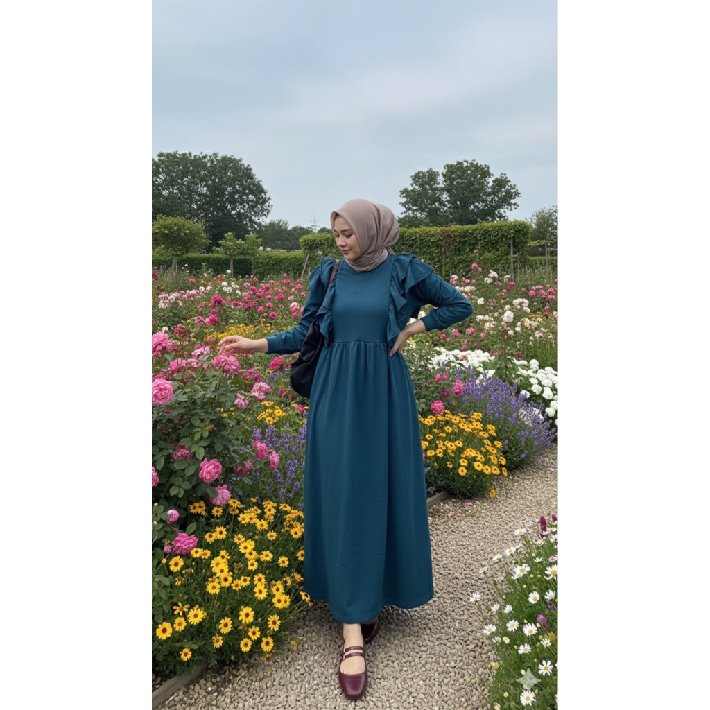MELDI RUFFLE DRESS | Dress gamis wanita panjang bahan cotton premium|Midi dress Busui friendly| Dres