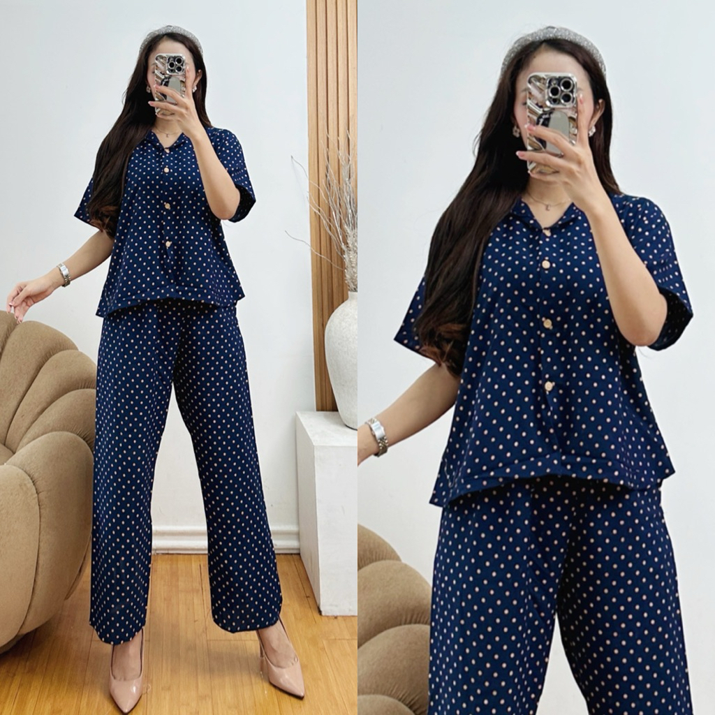 MG - New Setelan Rayon Motif Polkadot Kancing / Oneset Motif Polka Wanita Celana Kulot Panjang Lenga