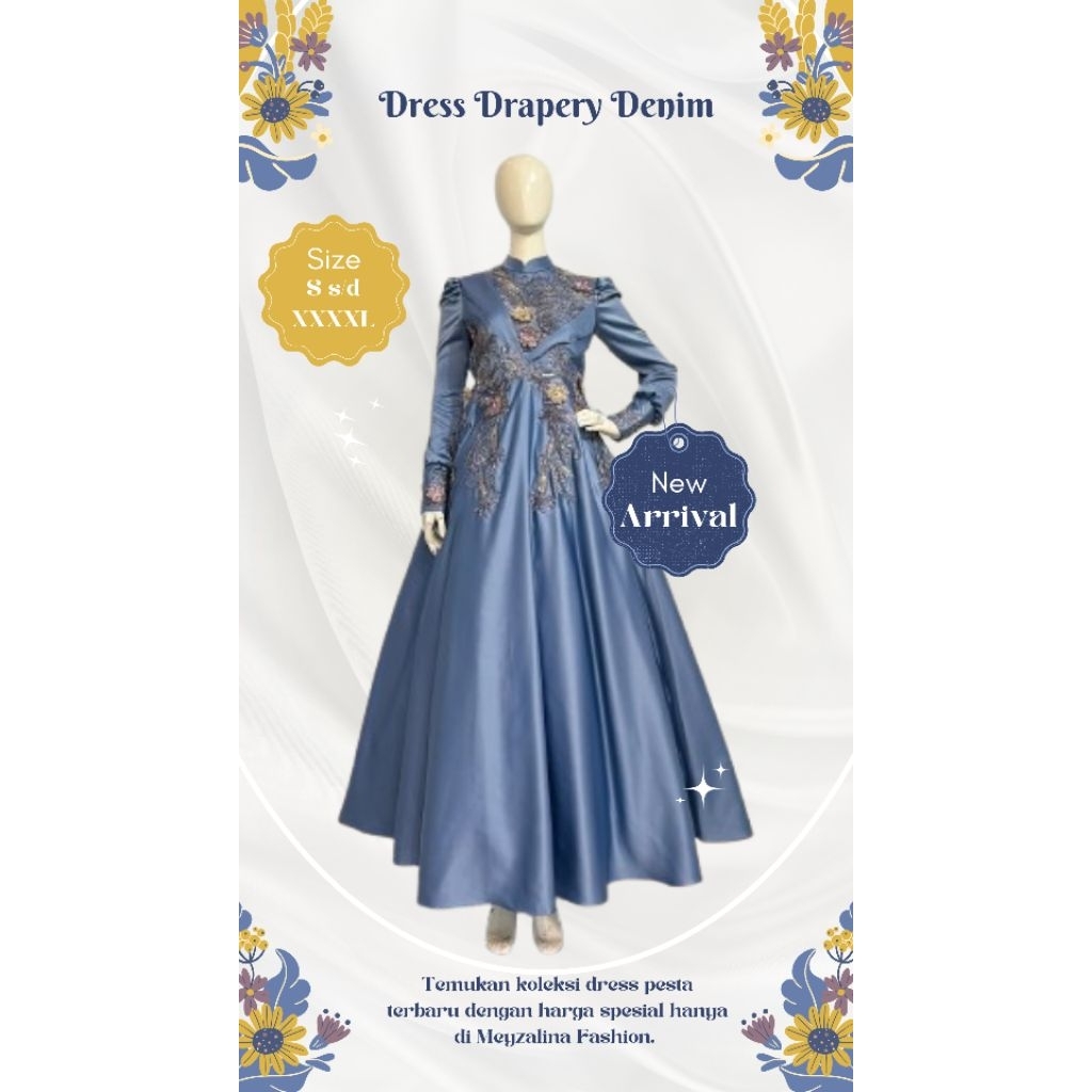 Gaun Pesta Drapery Bordir Elegan Denim – Dress Kondangan Premium