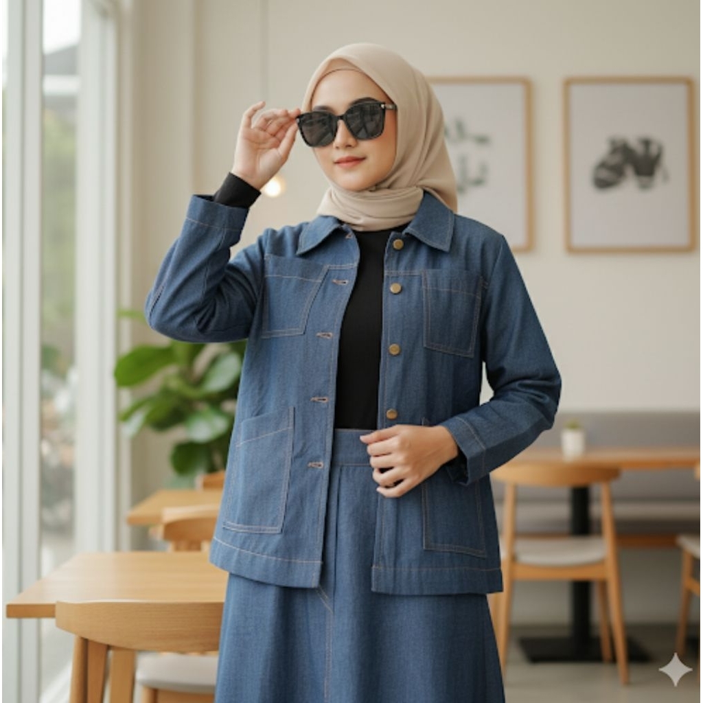 One Set Blue Denim | Setelan jeans | Rok | Setelan Rok | Setelan wanita kekininan