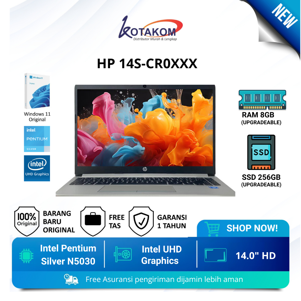 laptop HP 14S-CR0XXX Intel N5030 Ram 8GB SSD 256GB Layar 14" Windows 11 Original - Silver