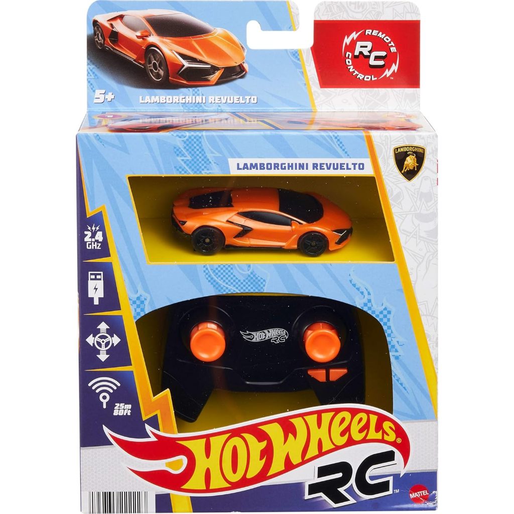 HOT WHEELS RC TOY CAR, REMOTE-CONTROL LAMBORGHINI REVUELTO IN 1:64 SCALE, RECHARGE WITH USB CABLE,
