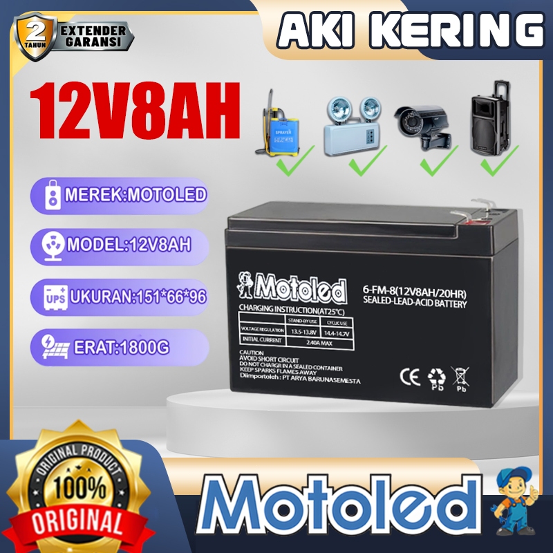 MOTOLED ASLI Aki 12v8AH Kemasan Tebal Battery Lampu Emergency/ Aki Kering Sprayer ElektrikAki Kering