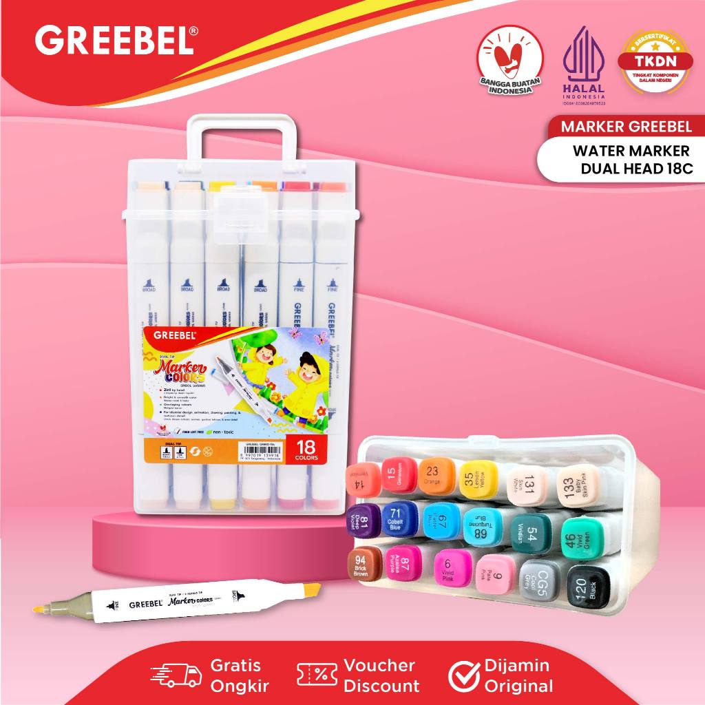 GREEBEL Spidol Warna Warni 1 Set 18 Warna / Water Marker Dual Head / Spidol Sketch Mewarnai Menggamb