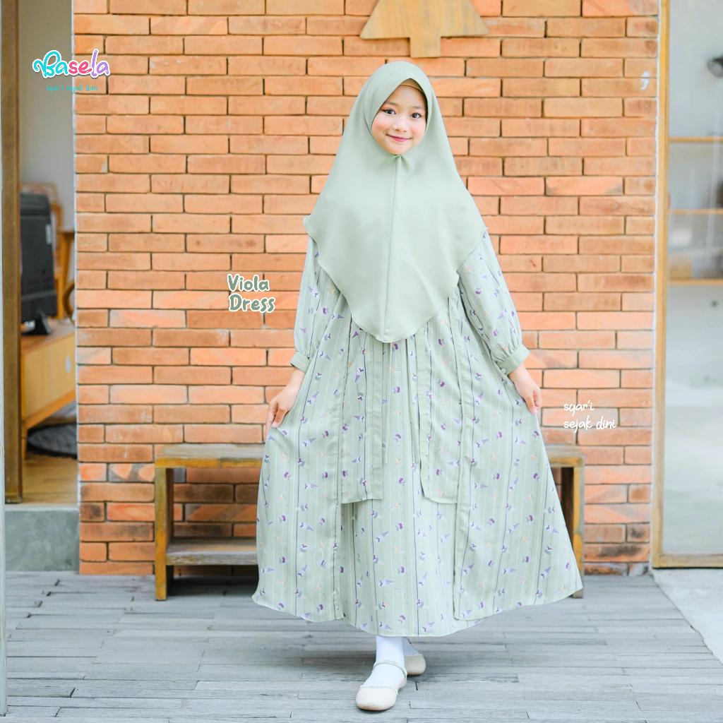 Viola Dress By Basela Official | Gamis Anak - Remaja 4-15 Th Perempuan Set Hijab | Gamis Motif