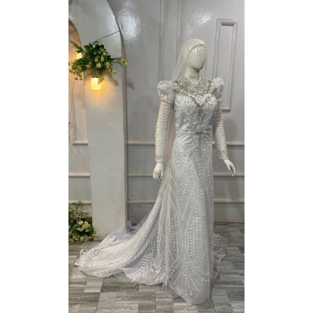 Gaun slim putih akad/gaun pengantin syari