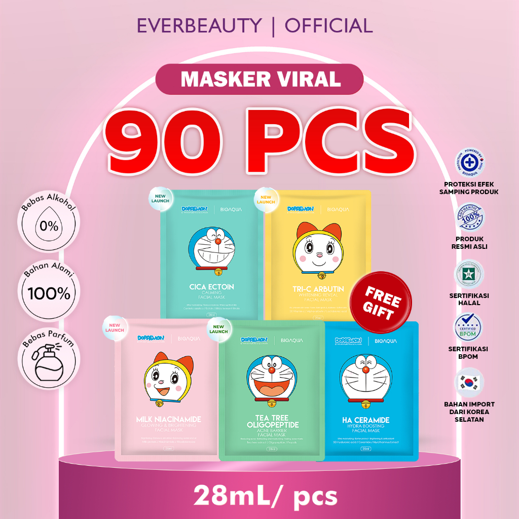 [EVERBEAUTY] [FREE GIFT] BIOAQUA x DORAEMON Masker Wajah Doraemon 90 pcs | 60 pcs | 30 pcs | 20 pcs 