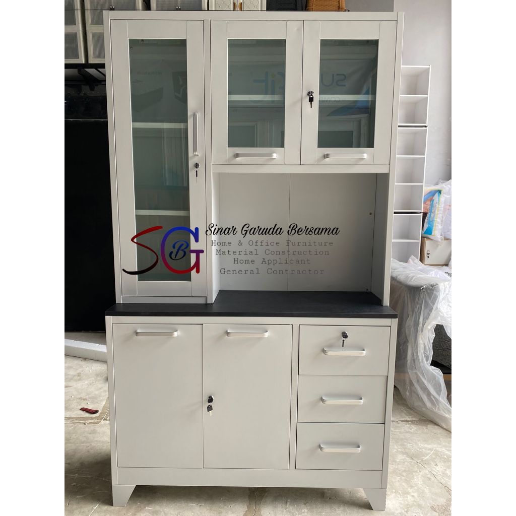 LEMARI KITCHEN SET BESI / KITCHEN SET PLAT BESI PINTU KACA / KITCHEN SET FULL BESI DENGAN RAK RAK / 