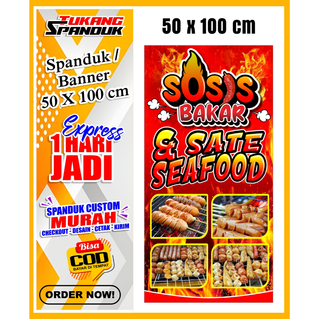 Banner SOSIS SATE SEAFOOD  , Spanduk SOSIS SATE SEAFOOD , ukuran 50X100  cm, COD / Banner SOSIS SATE