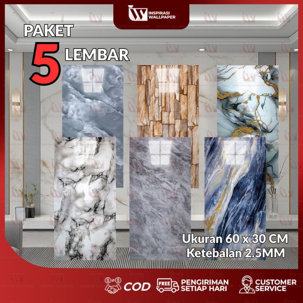 PAKET 5 LEMBAR 30x60 cm Wallpaper Dinding Vinyl Marmer Granit Keramik 3D Tebal 3MM - Paket Wallpaper