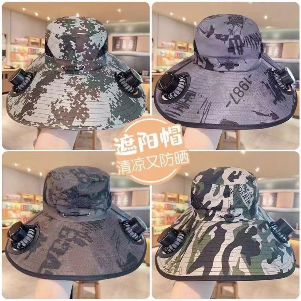 Topi Matahari Pria Anti UV Visor Topi Surya Kipas Ganda Topi Tenaga Surya Topi Mancing Multif...