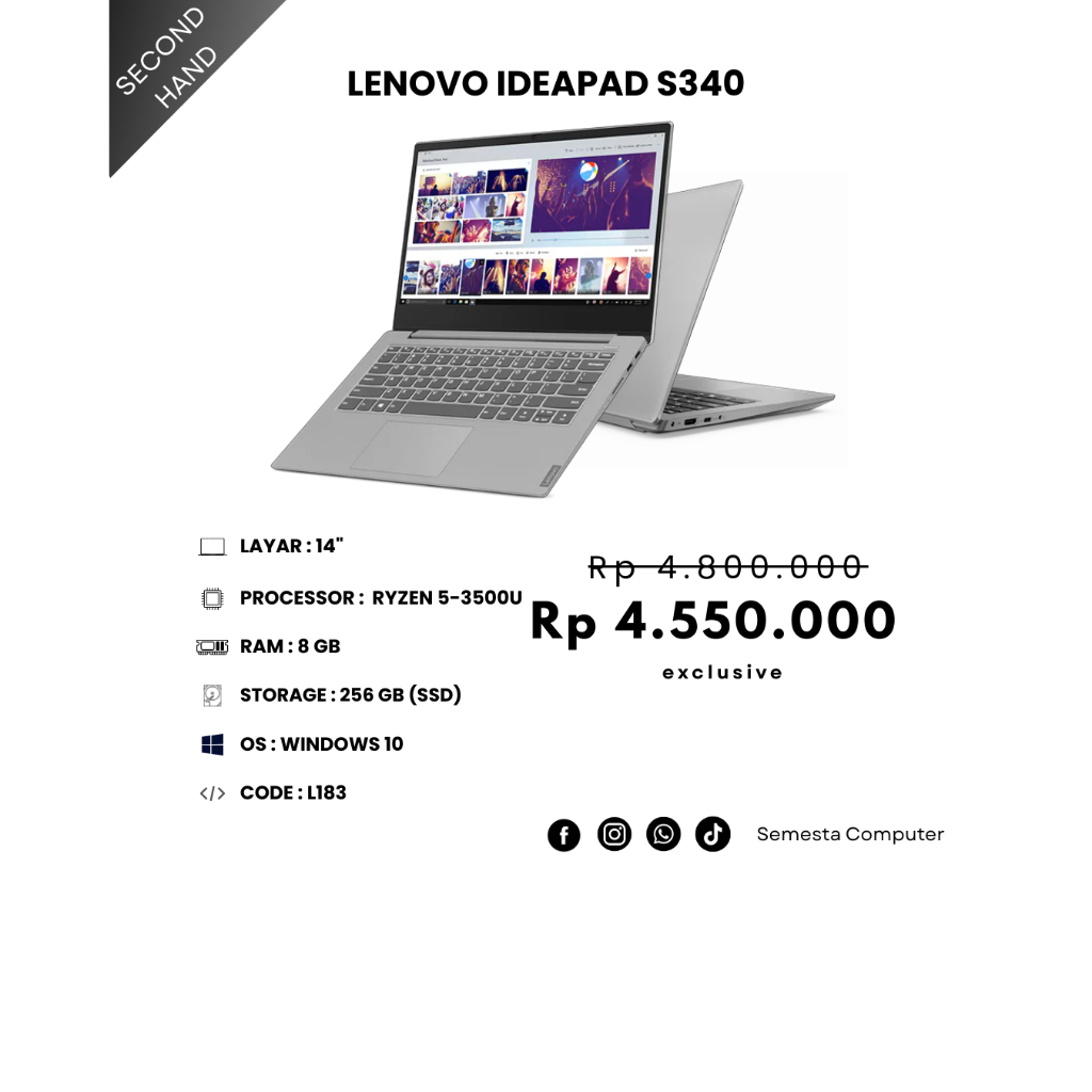 LENOVO IDEAPAD S340 RYZEN 5 RAM 8GB SSD 265GB VGA 2GB