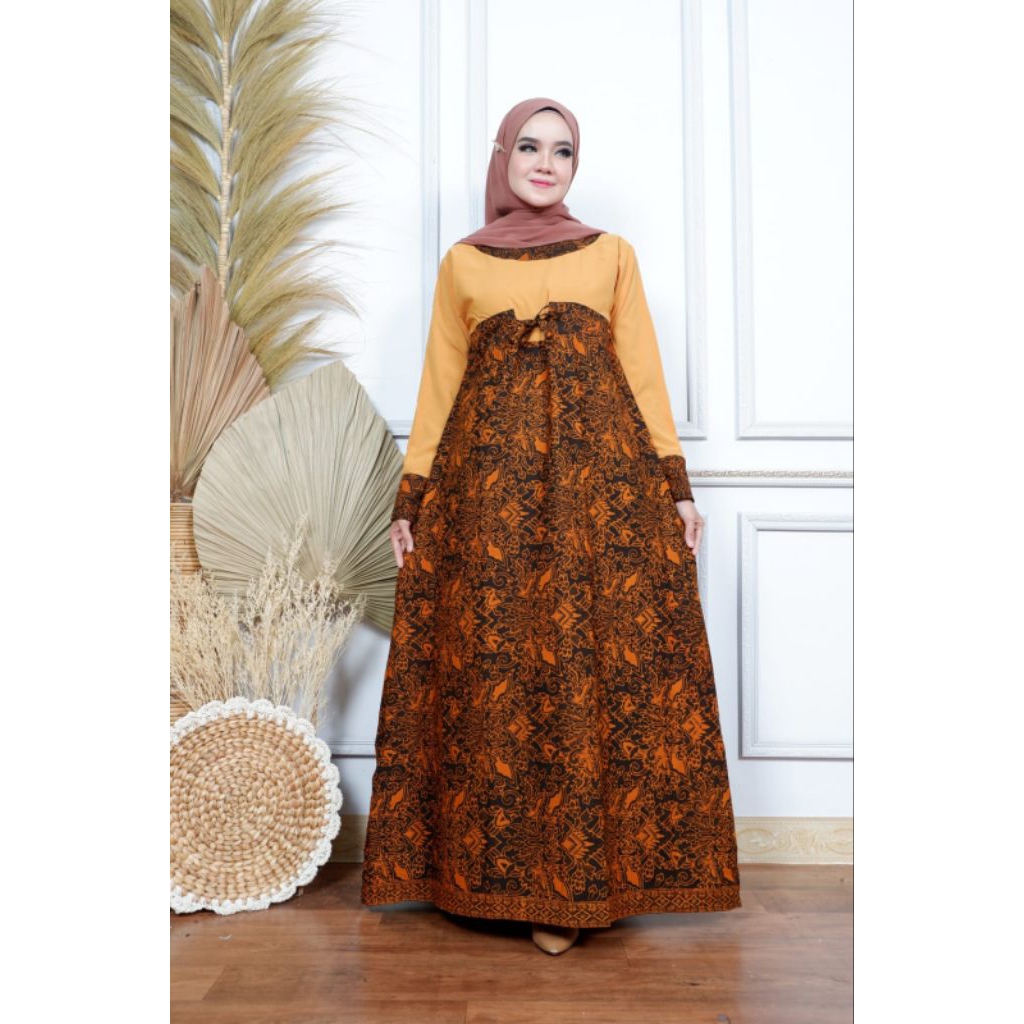 Gamis Wanita katun batik cap kombinasi
