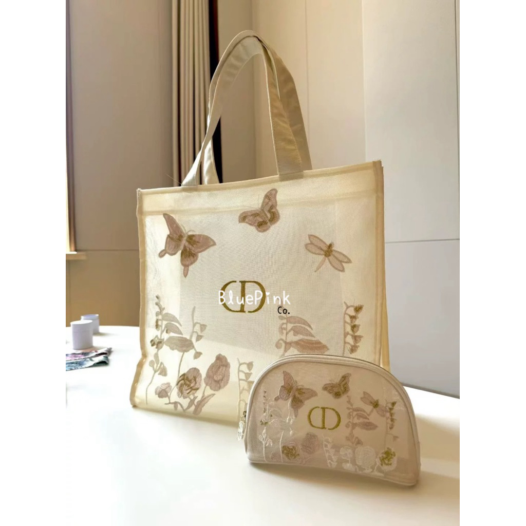New TerMurah Christian D1or Original Large Embroidered Tote Bag 2025 GWP Butterflies Mesh Trousse Po