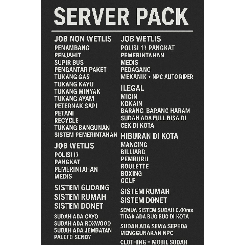 SERVER PACK FIVEM ESX SIAP LANGSUNG RP SEMUA FITUR SUDAH LENGKAP (DI JAMIN RINGAN)